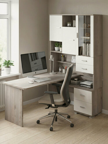 Изображение товара Стол компьютерный Мэрдэс СР-620/160 нбен-прав Нельсон/Белый/Нельсон, угловой, с ящиками, с полками, 130х160х216 см