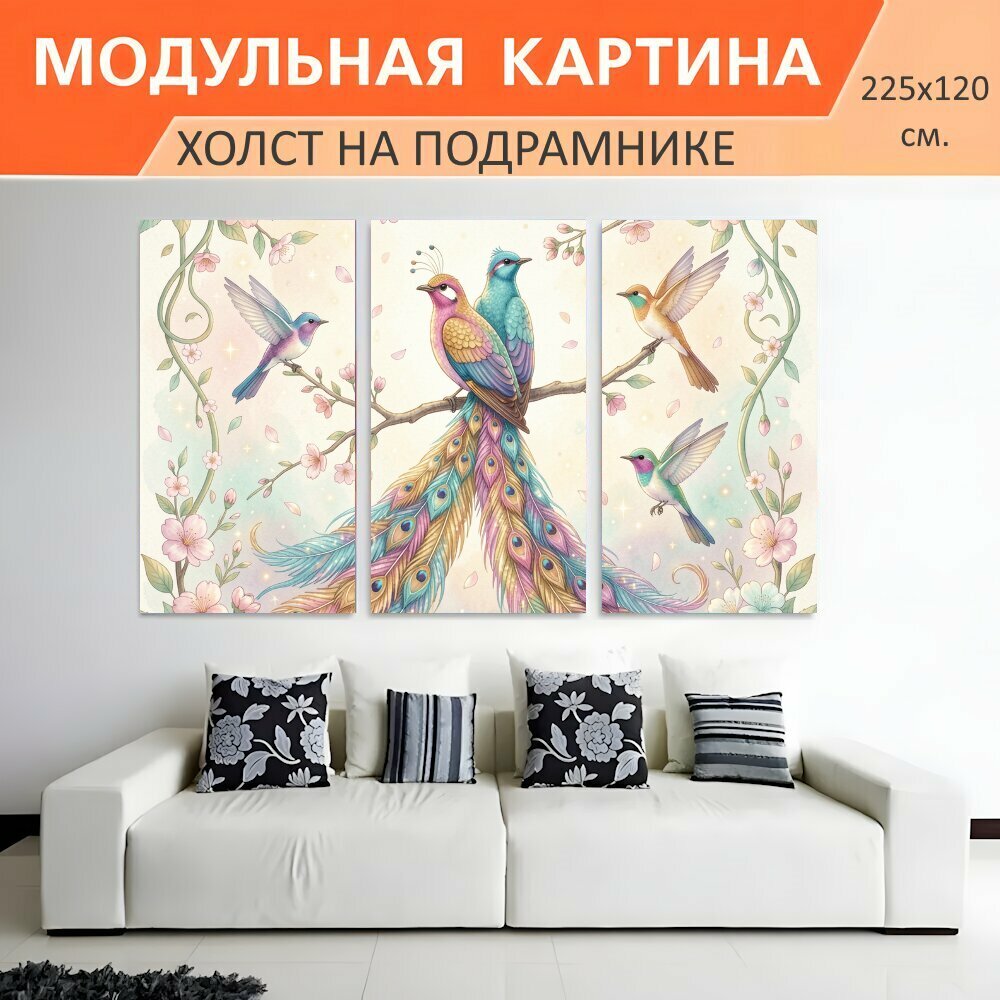 Модульная картина на холсте "Сказочные птицы среди цветущих ветвей. Нежная акварельная композиция с яркими райскими пернатыми." триптих на подрамнике 225х120 см. для интерьера