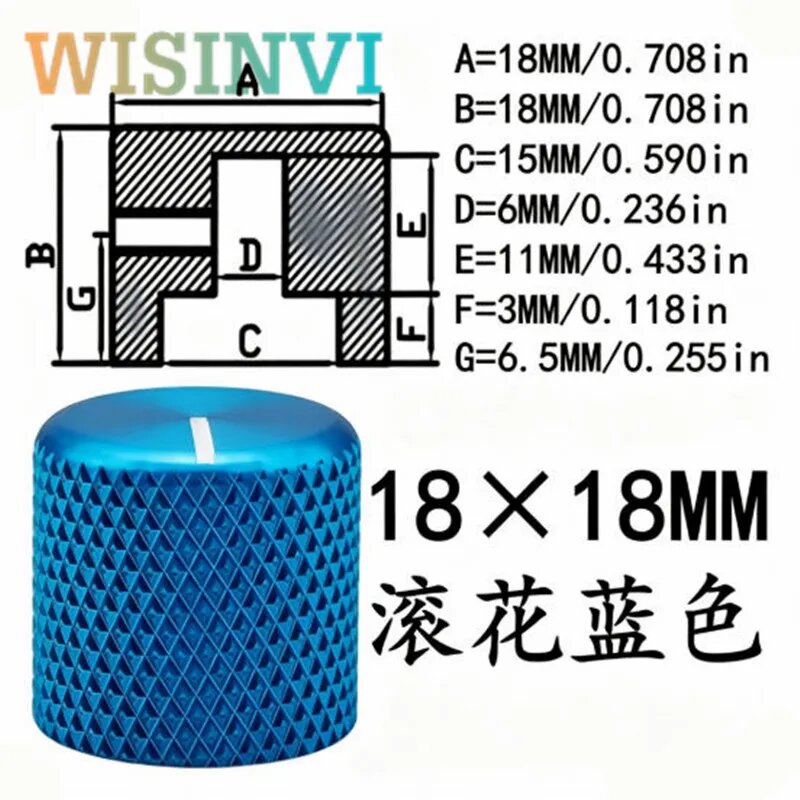 WISINVI Алюминиевая рифленая ручка регулятор 18x18 мм 6мм blue
