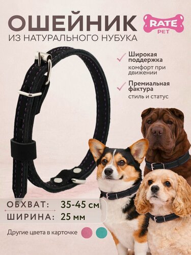 Изображение товара Ошейник для собак натуральная кожа (нубук) обхват шеи 35-45 см черный с фиолетовой строчкой