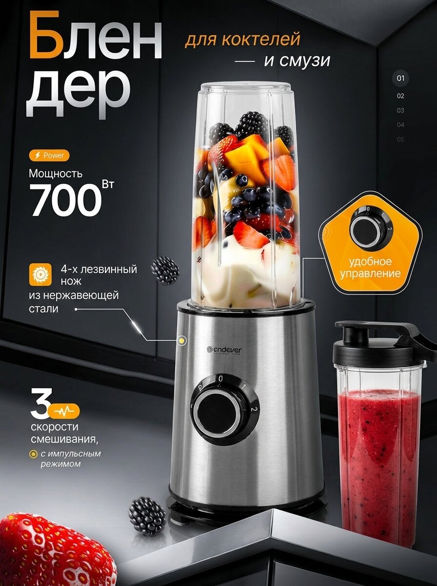 Блендер стационарный ENDEVER SIGMA-206 / 700 Вт / 2 скорости / с бутылкой 800 мл / импульсный режим