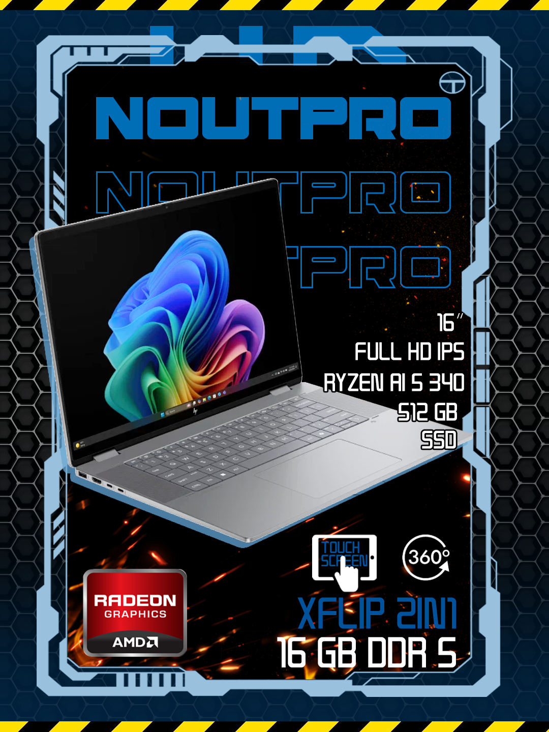 Ноутбук HP Omnibook XFlip 2in1 RYZEN AI 5 340, RAM 16GB DDR5, SSD 512GB,16.0 2K TOUCHSCREEN