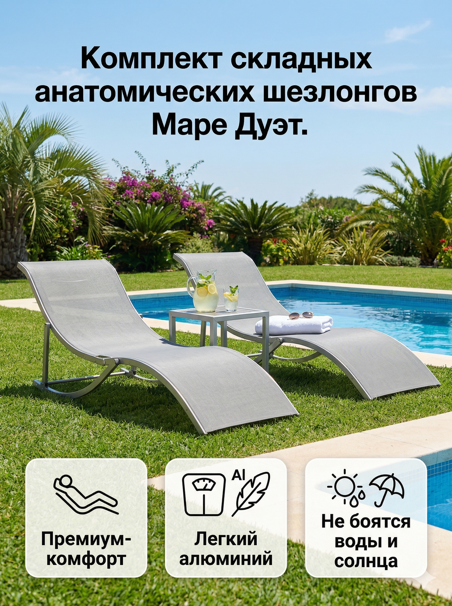 Комплект складных анатомических шезлонгов из алюминия Маре Дуэт (Mare Duet), садовые лежаки для дачи и бассейна, 2 шт, серый