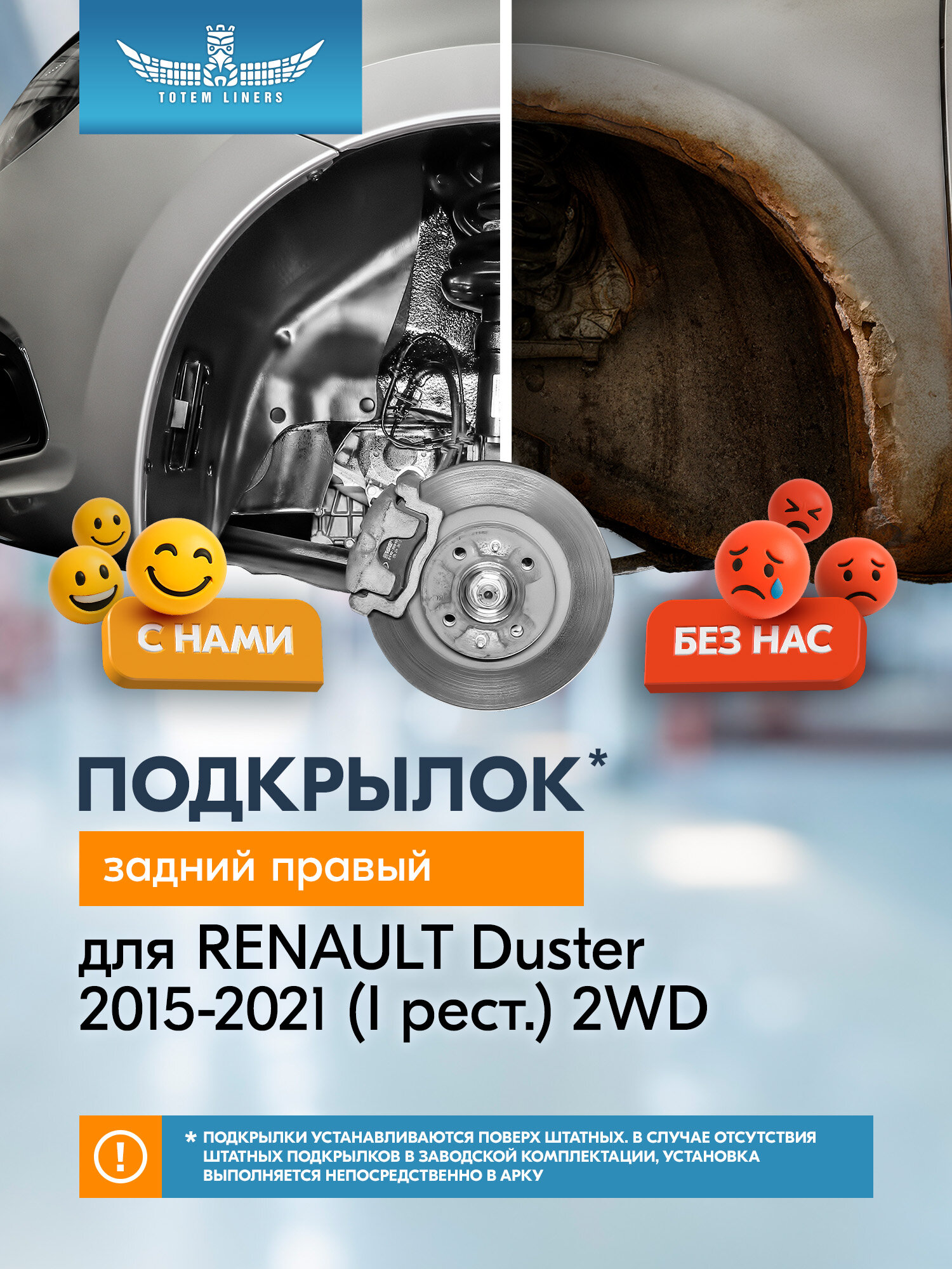 Подкрылок для RENAULT Duster 2015-2021 (I рест.) 2WD Totem Liners задний правый 1 шт. / Рено Дастер