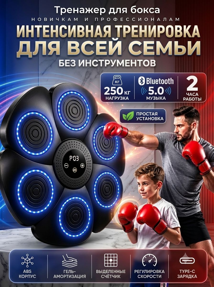 Музыкальный тренажер для бокса настенный, умная боксерская мишень с Bluetooth, подсветкой и счётчиком ударов (до 250 кг), тренировка для дома, подарок детям и взрослым