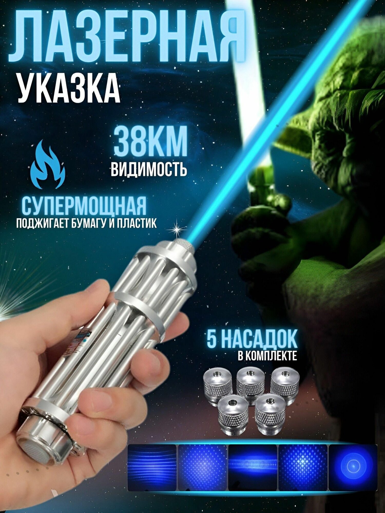 Лазерная указка Меч Джедая лазер с насадками, луч 50000mW, синий цветJhugi