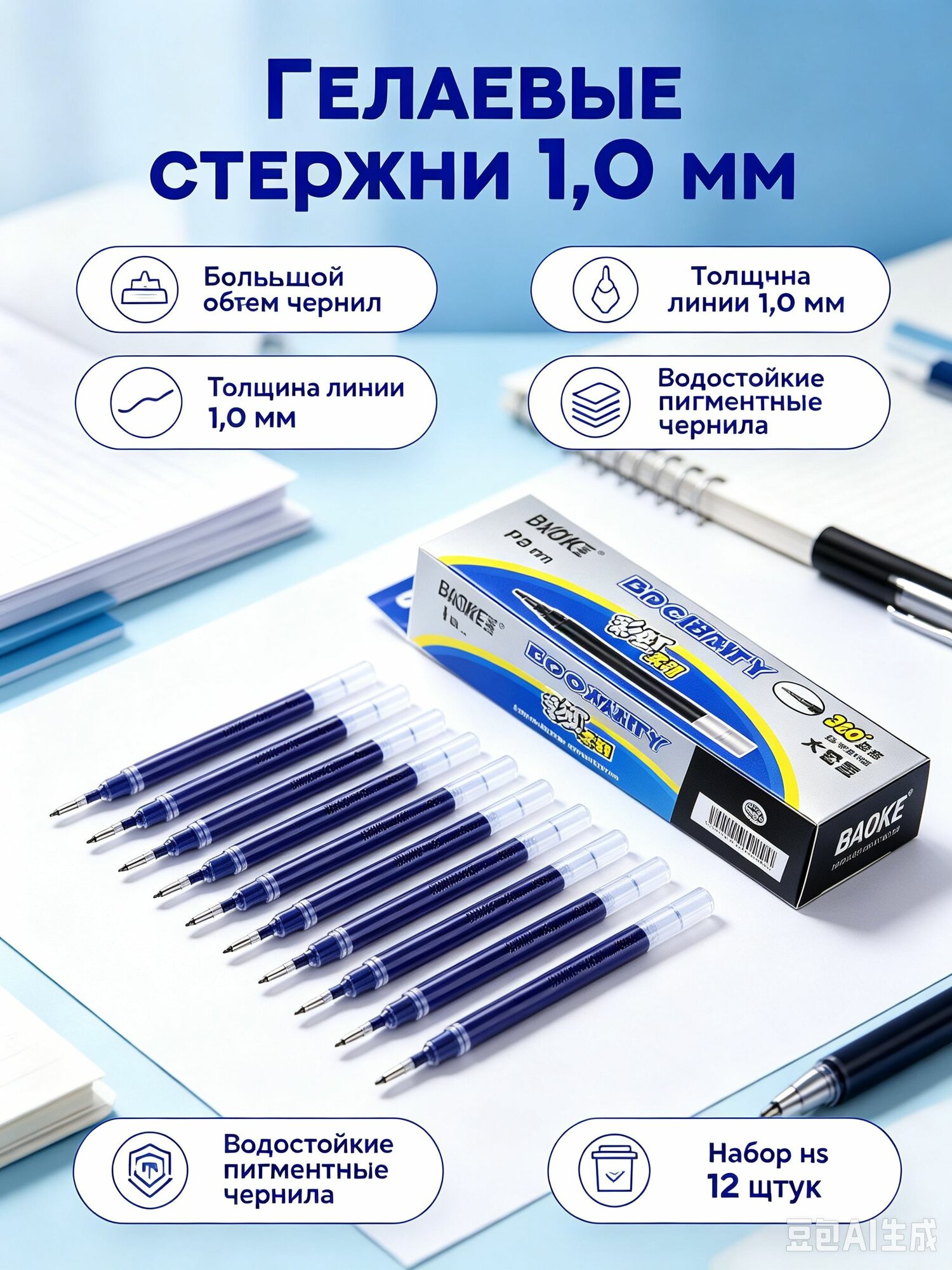 Набор для заправки гелевых ручек большой емкости bullet 1.0 мм/blue refill 12 штук