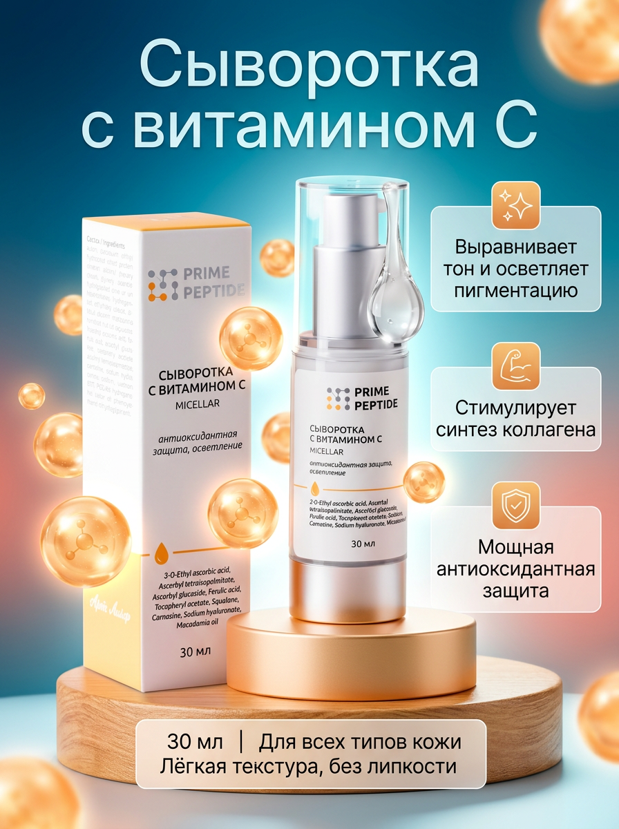 Мицеллярная сыворотка на основе 3 форм витамина С и феруловой кислоты с витамином Е и карнозином, Арт Лайф