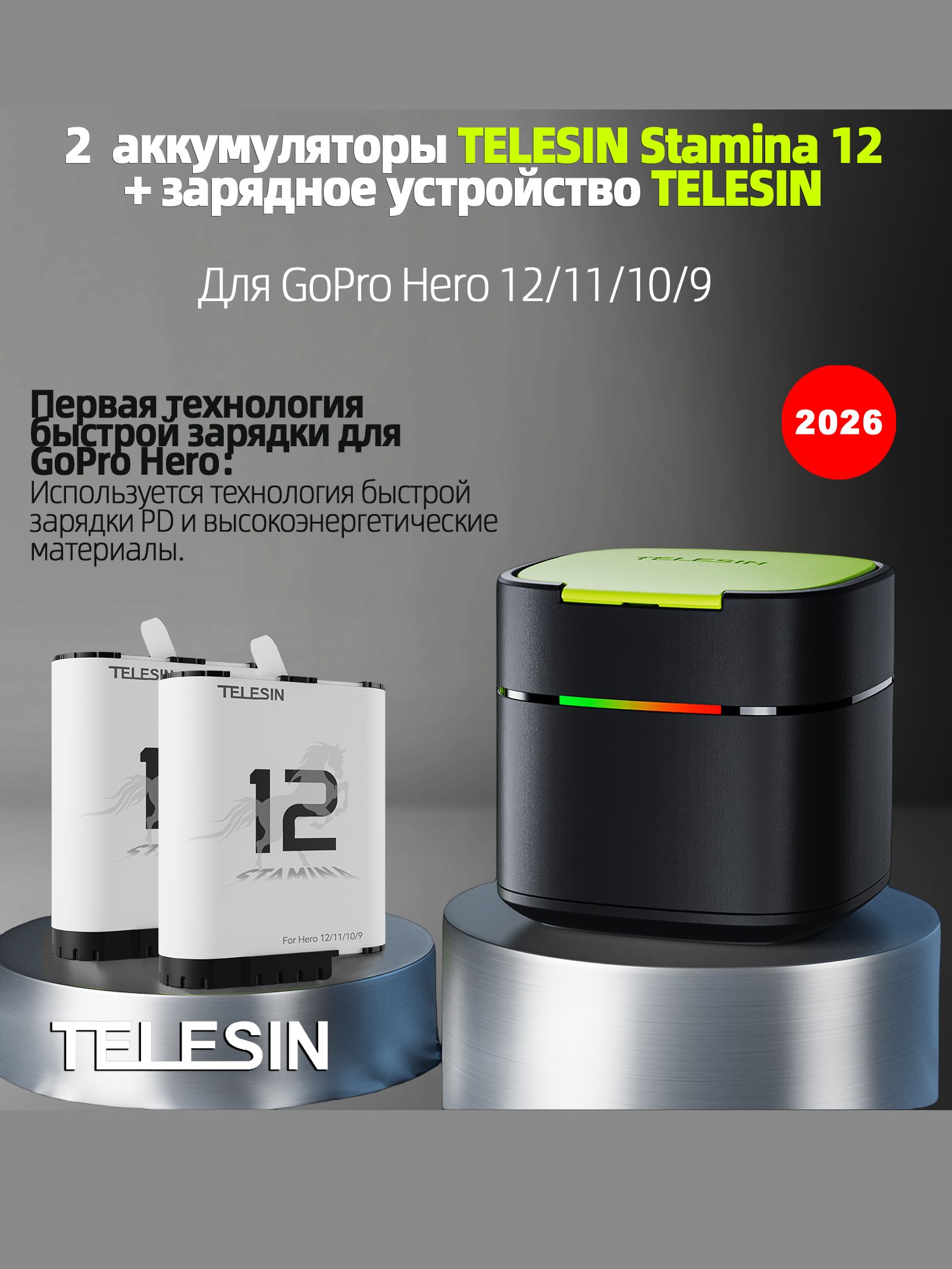 Зарядное устройство марка Telesin, для GoPro HERO 12/11/10/9 + 2 аккумуляторы , TELESIN Stamina 12,1720mah, морозостойкость до -20C