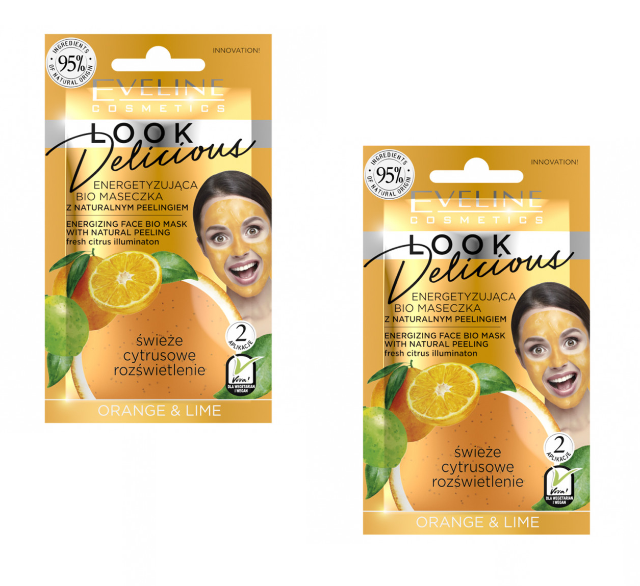 Энергизирующая bio маска Eveline для лица с натуральным скрабом orange & lime серии look delicious, 10мл 2шт