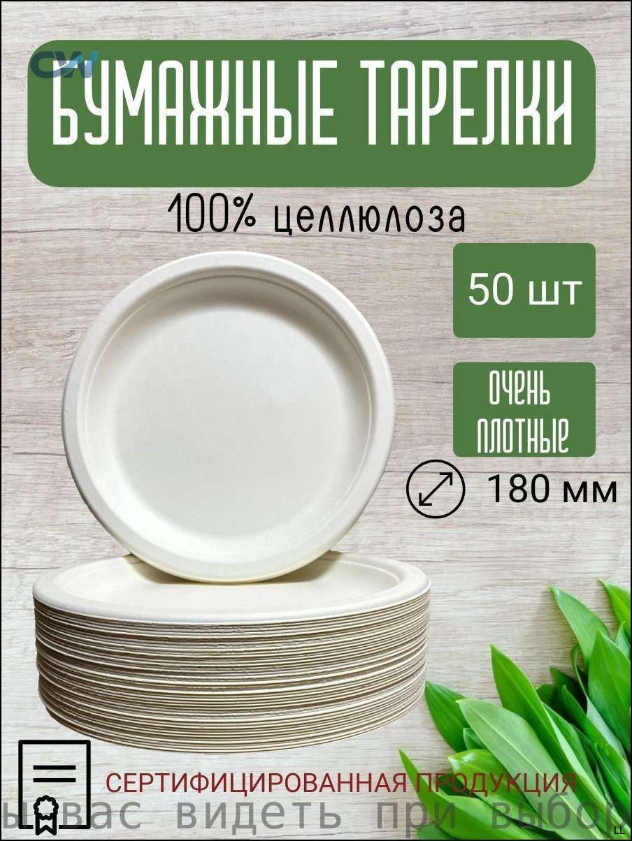 Бумажные тарелки / Одноразовая посуда / Биоразлагаемая бумажная тарелка, диаметр 180 мм, 50 шт. фасованная/100% целлюлоза