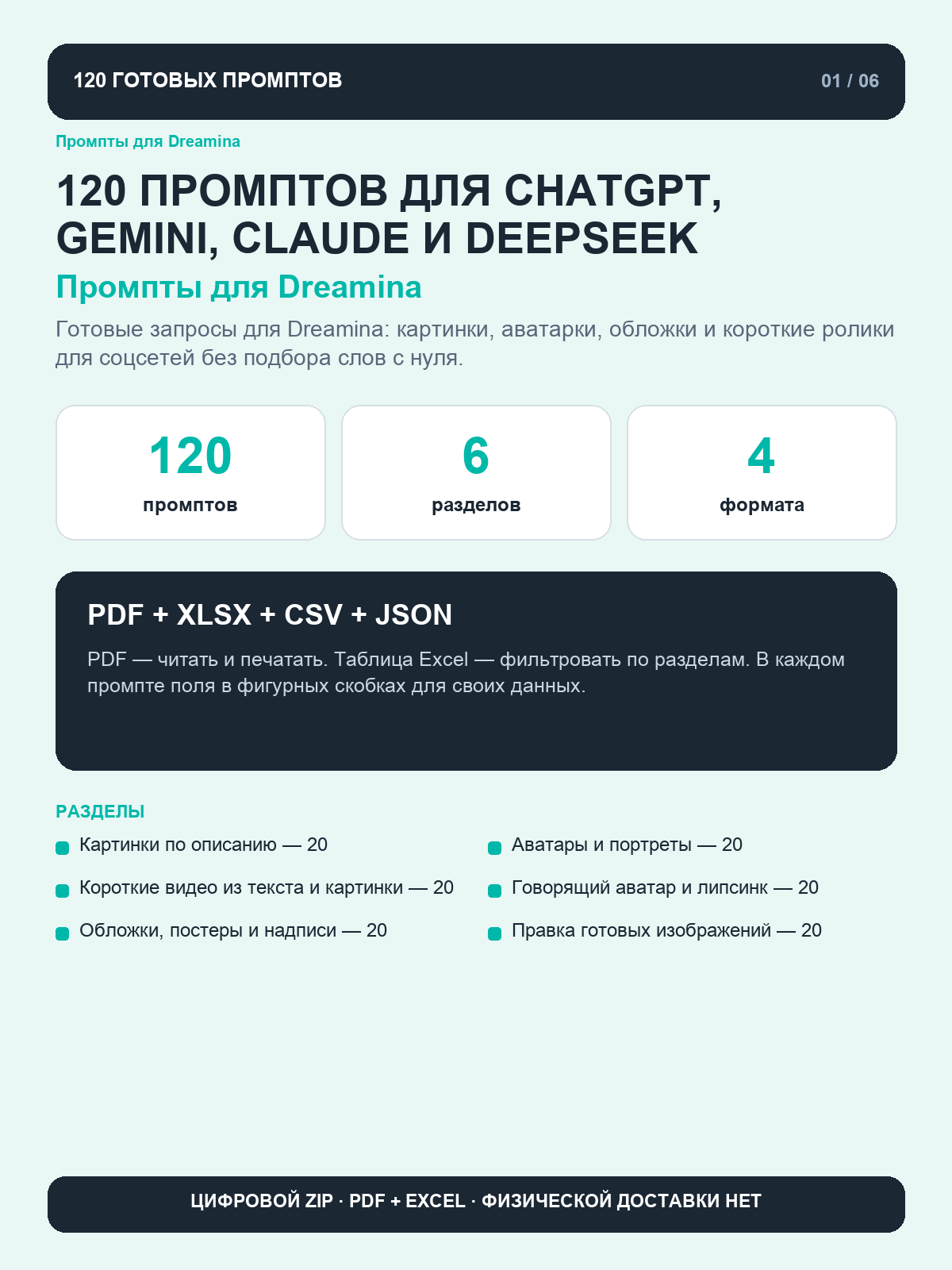 Промпты для Dreamina: 120 запросов для картинок, аватаров и коротких видео, цифровая книга PDF A4