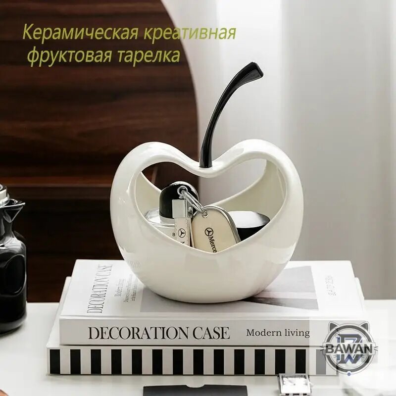 Керамическая фруктовница овальная, ваза для фруктов и снеков, дизайн яблоко, белый цвет, диаметр 21 см, из фаянса с глаз
