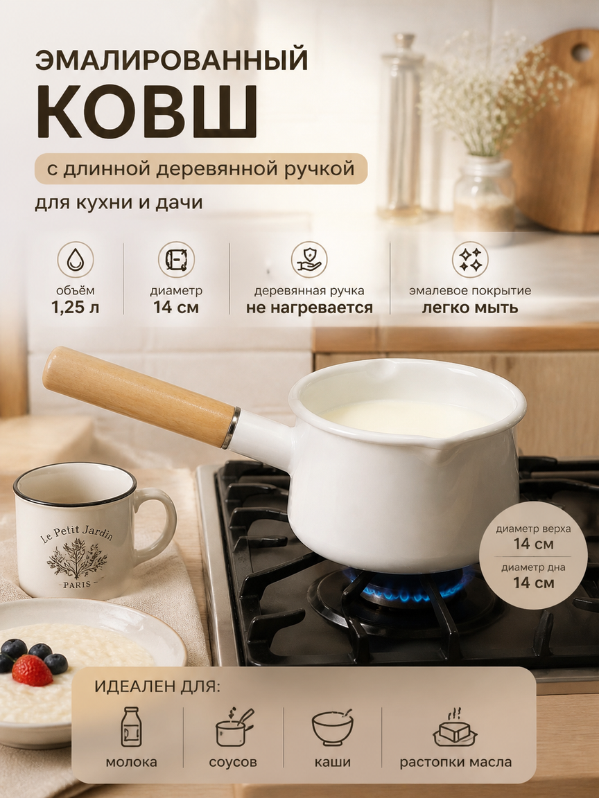 Ковш эмалированный с длинной деревянной ручкой, белый, 1,25 л, диаметр 14 см, для кухни и дачи