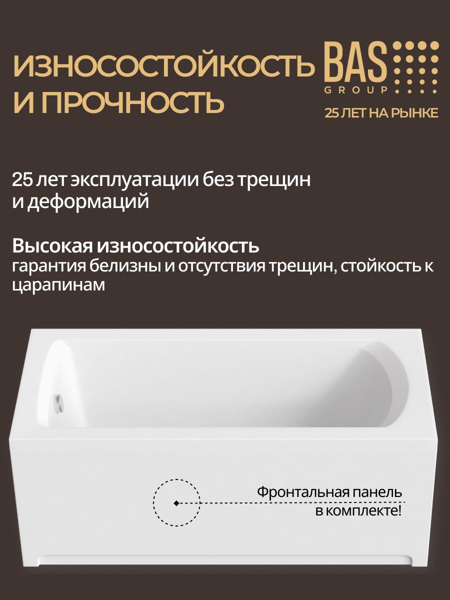 Ванна акриловая 150х70 с каркасом и экраном BAS Спарта комплект с слив-переливом, прямоугольная, пристенная, белая — фото 1