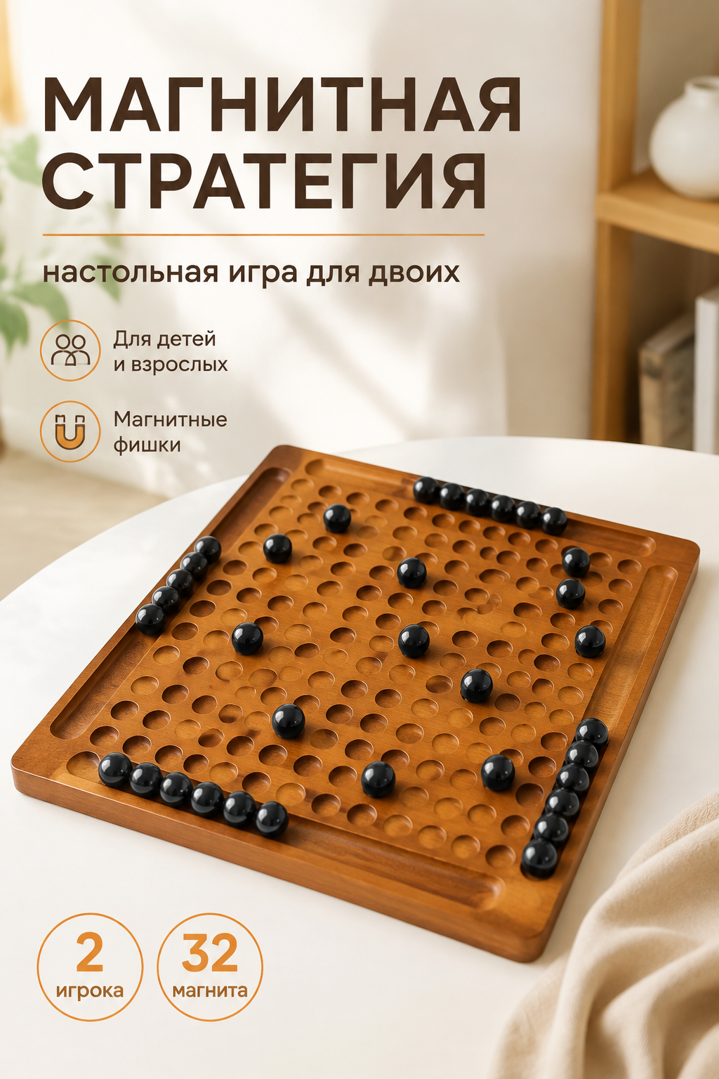 Магнитная стратегическая настольная игра для двоих, деревянное поле 24×24 см, 32 магнита