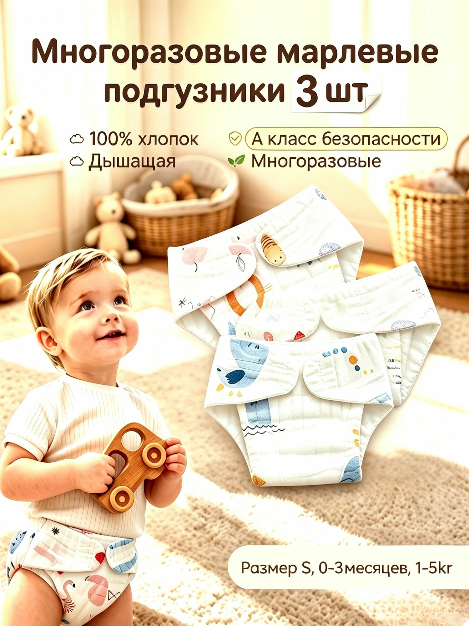 Детские моющиеся хлопковые марлевые подгузники (мультяшный узор 3шт, размер S, 0-3месяцев)