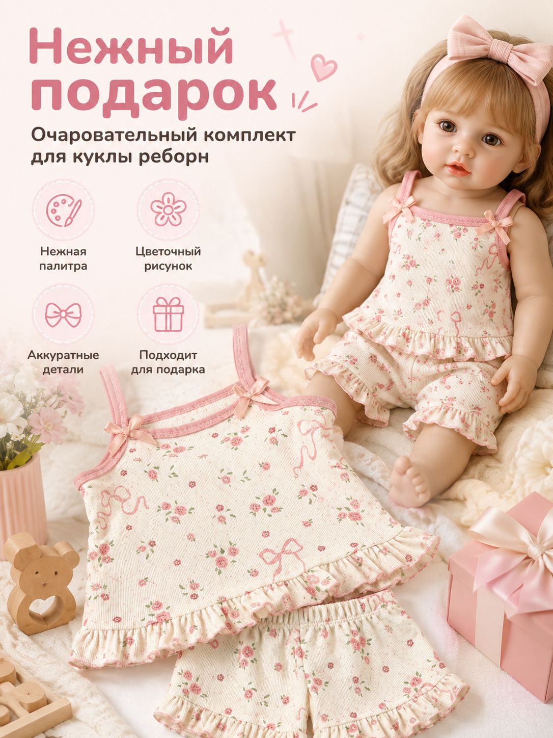 Бежевая хлопковая одежда для куклы реборн 50-60 см, аксессуар для кукол, 1 комплект, 1 упаковка