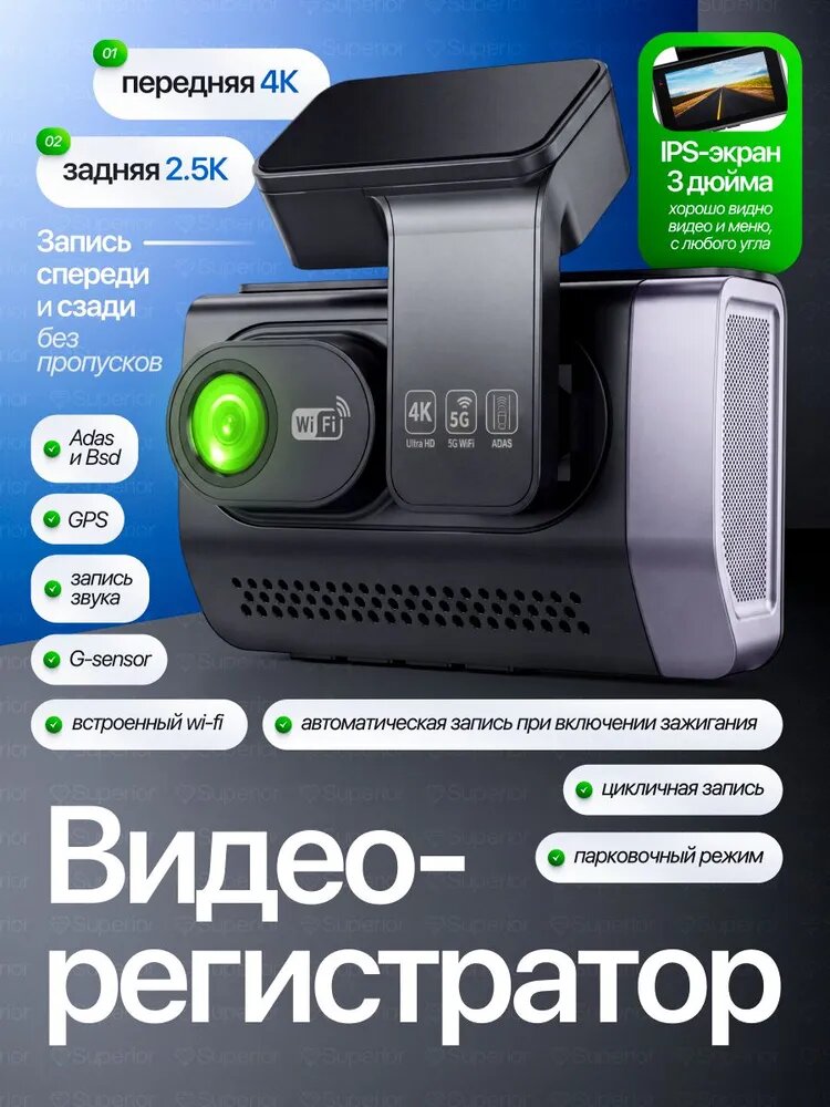 Видеорегистратор Superior TwinGuard 4K GPS, 2 камеры, регистратор автомобильный
