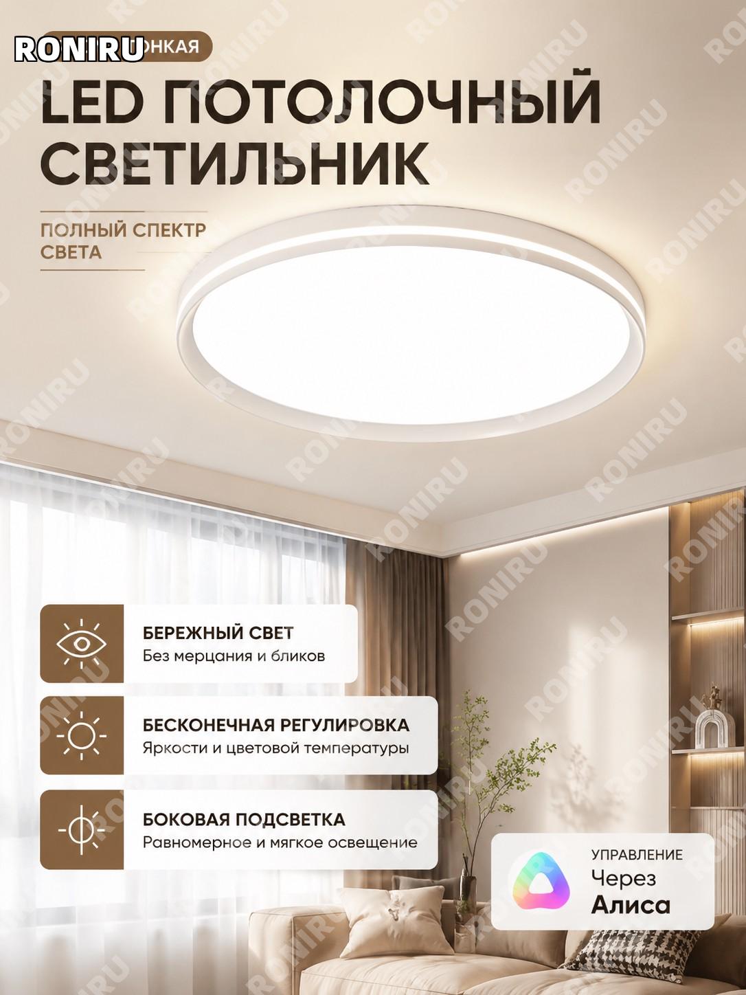 Прей LED потолочный светильник 50 круглый полноспектральный тонкий боковой свет с управлением и диммированием дома