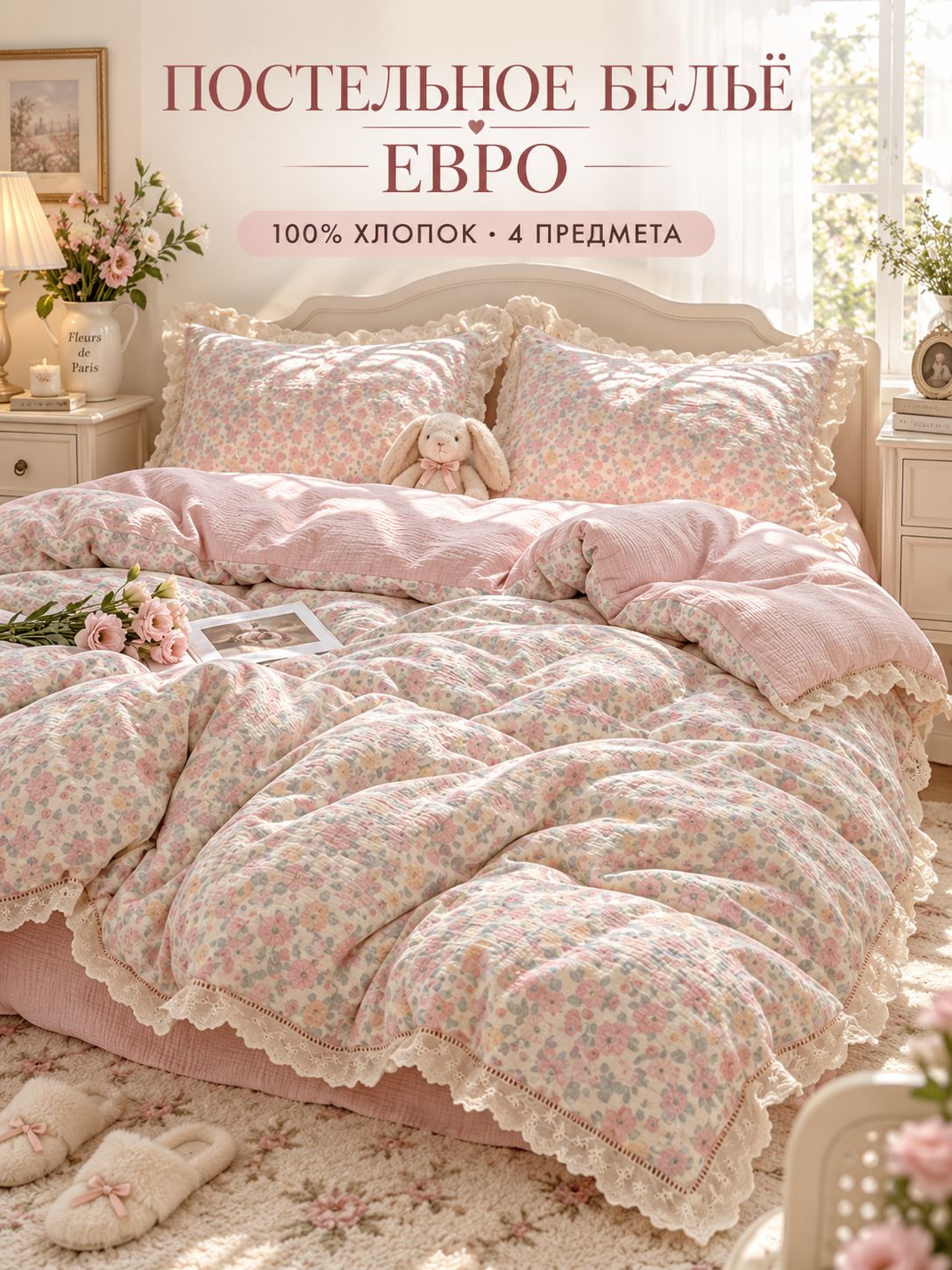 Комплект постельного белья 2-спальный 200x230 см, простыня 200x230 см, цветсветло-розовый
