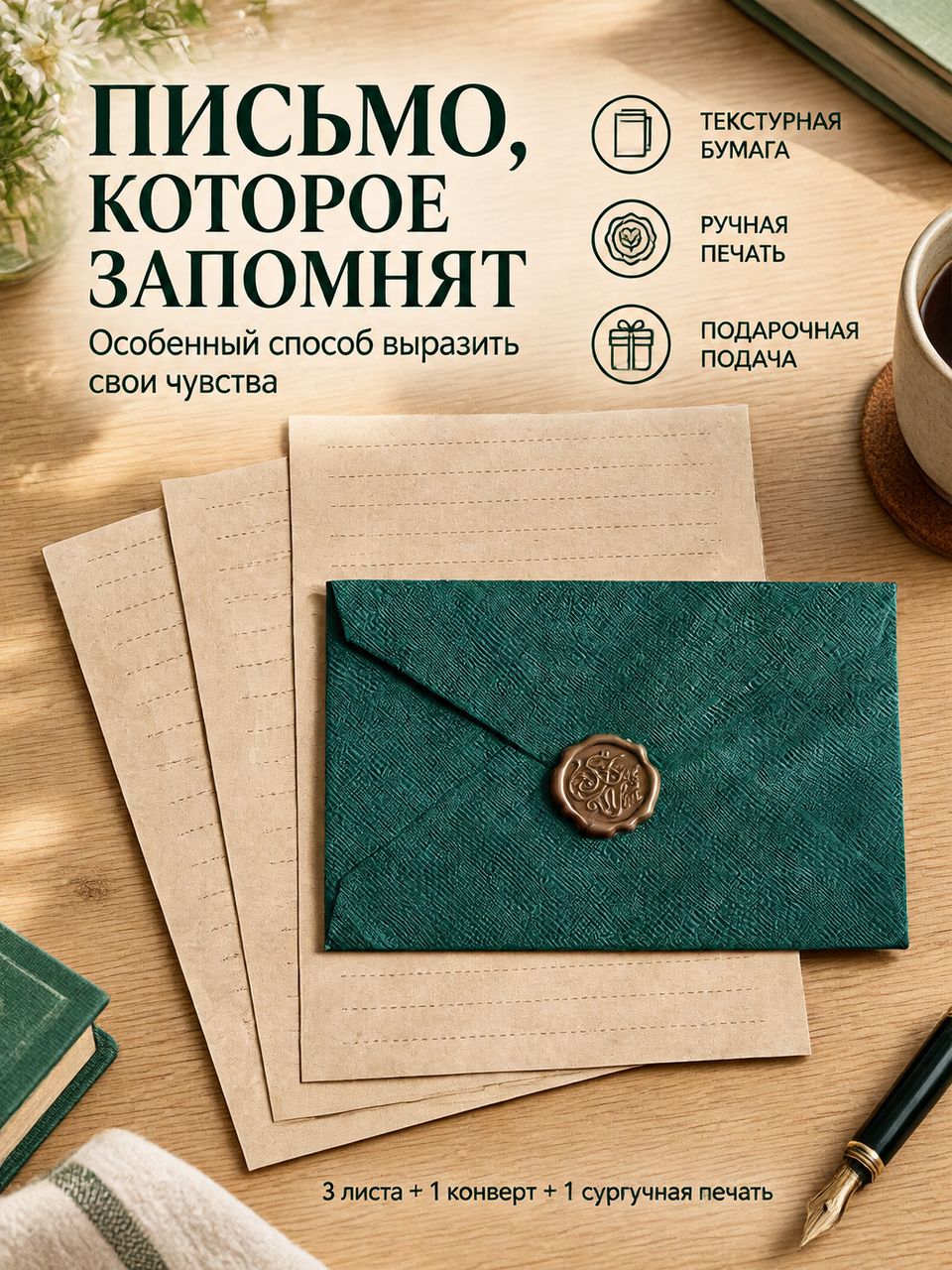 Конверт подарочный для денег и поздравлений с печатью и бумагой для письма зеленый