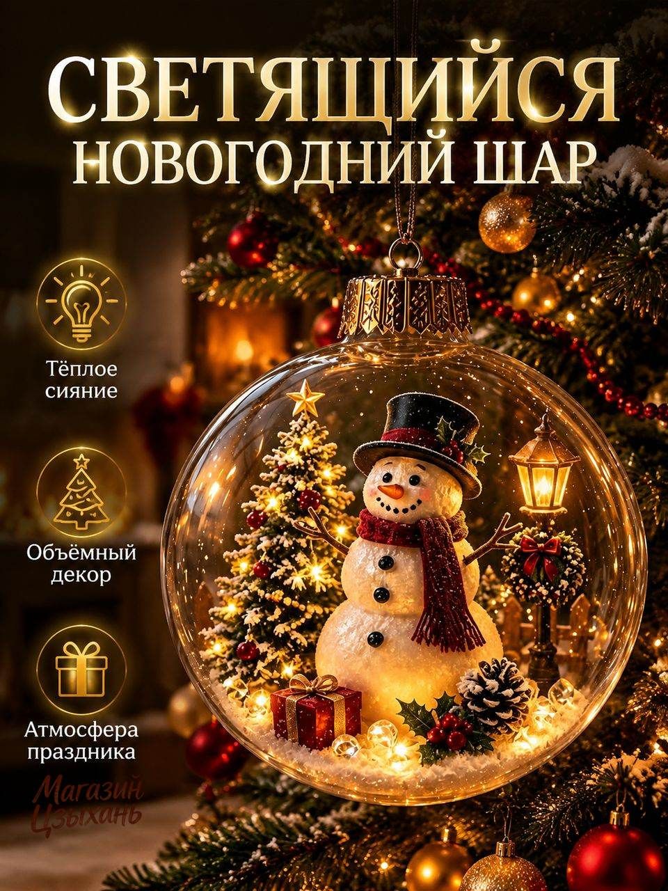 Светящийся новогодний шар-подвеска со снеговиком, диаметр 10 см