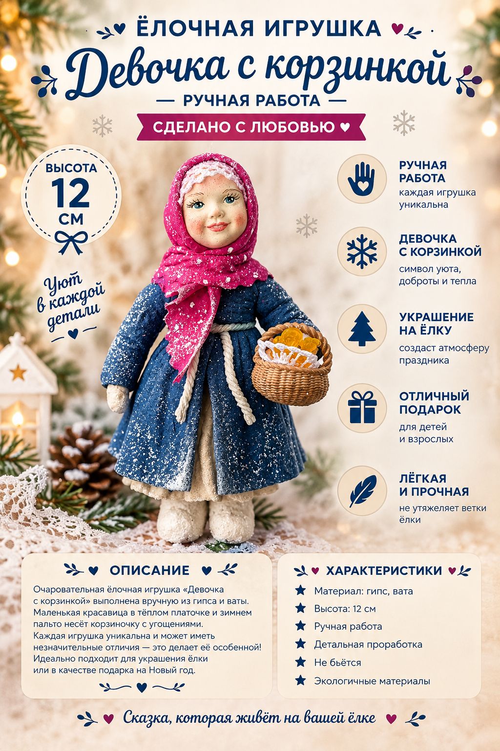 Ватная елочная игрушка Девочка с корзинкой , 12 см