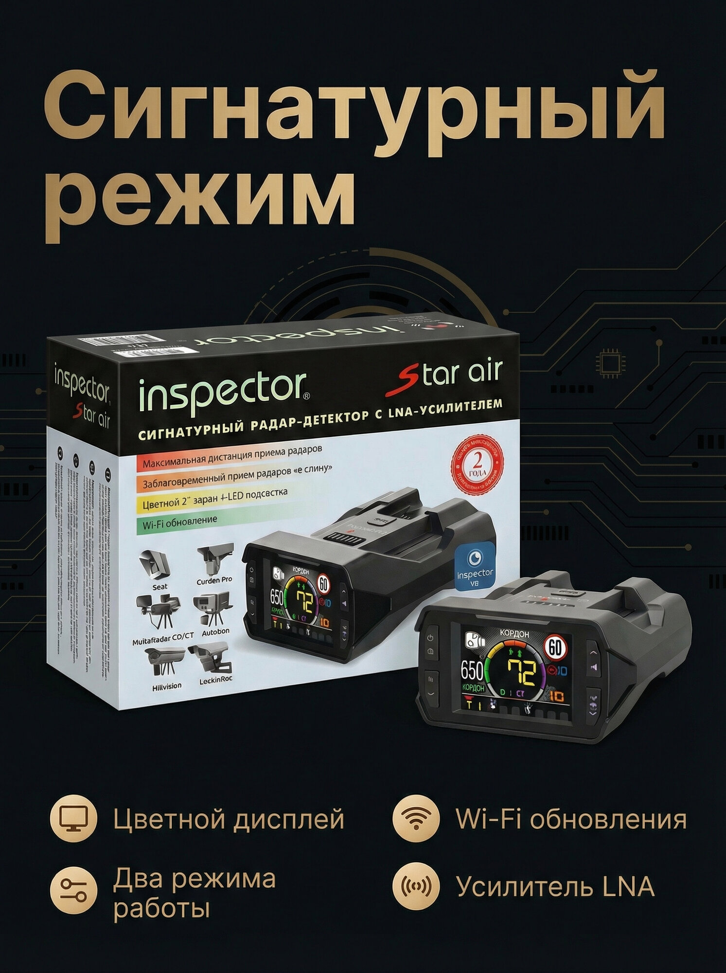 Радар-детектор Inspector Star Air с Wi-Fi, ГЛОНАСС, голосовое оповещение