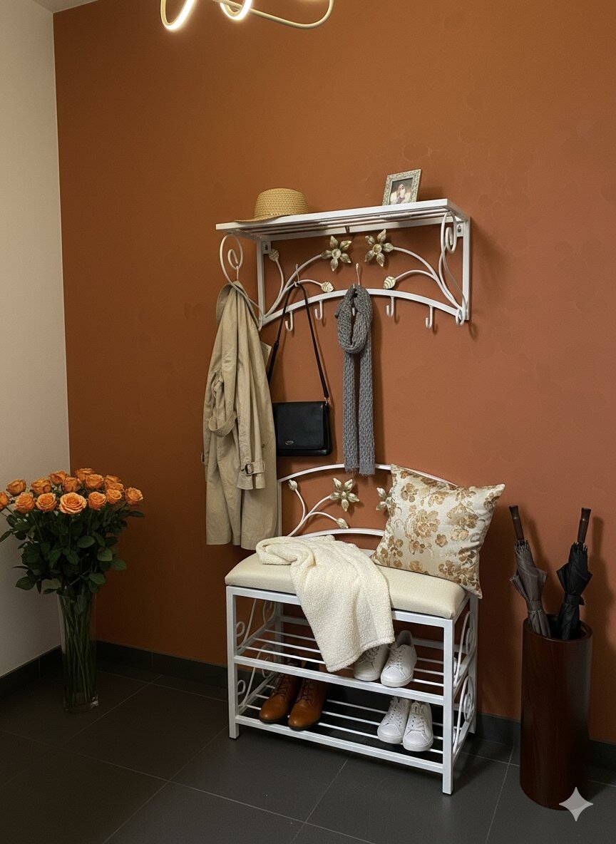 Кованая прихожая, вешалка + банкетка, Студия кованой мебели Нива, цвет белый/бежевый — фото 1