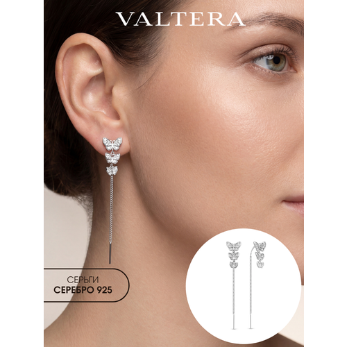фото Серьги valtera, серебро, 925 проба, родирование, фианит, размер 50 мм, длина 5 см, , серебристый
