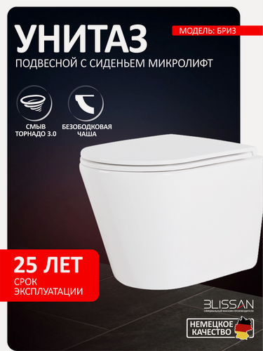 Изображение товара Унитаз подвесной безободковый BLISSAN Breeze смыв скрытый Торнадо 3.0 с сиденьем микролифт быстросъемное