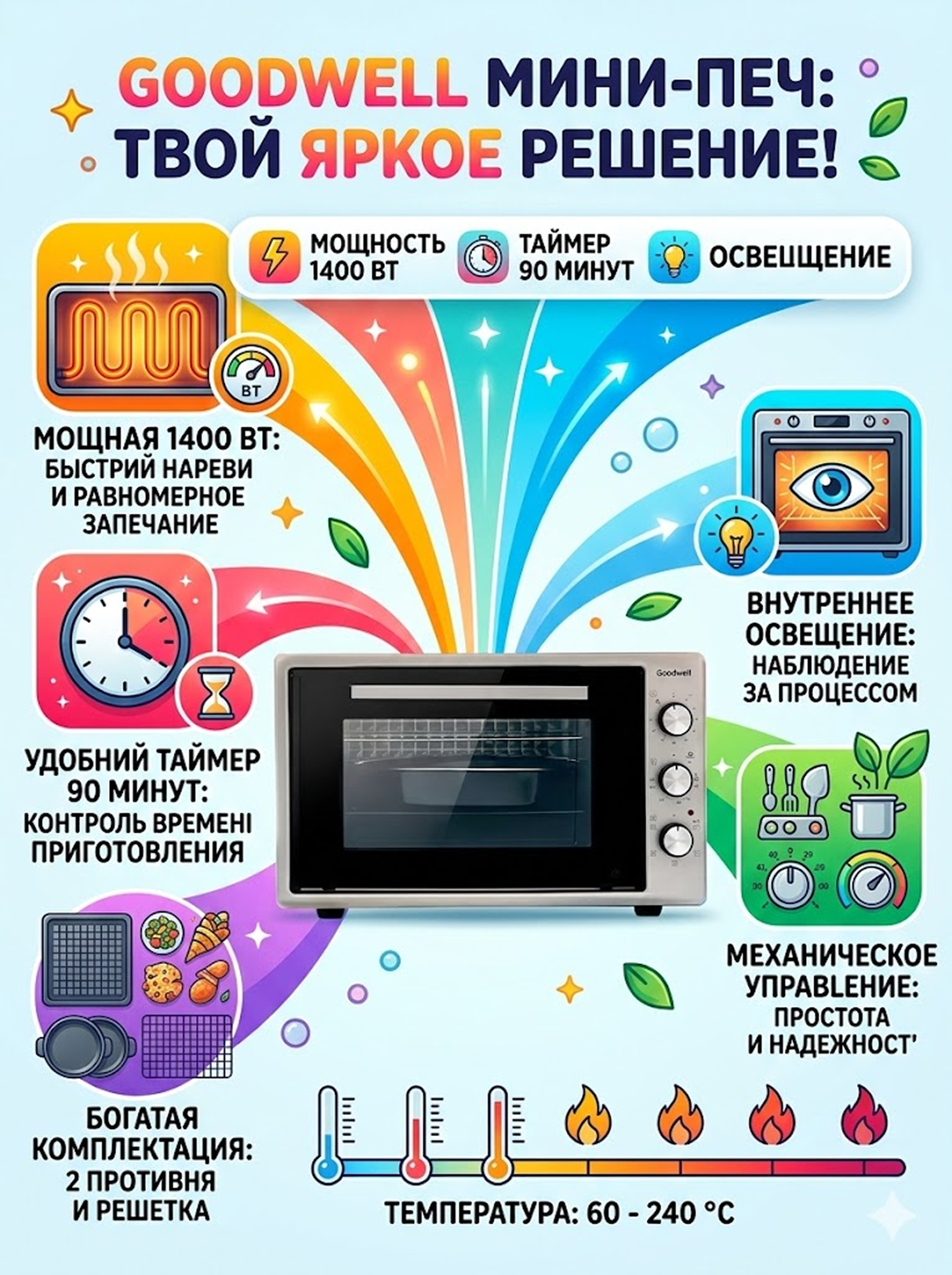 Электрическая духовая печь Goodwell мини печь GW-45 Объём 45 литров, Мощность 1400 Вт, режимов 5, Таймер до 90 минут