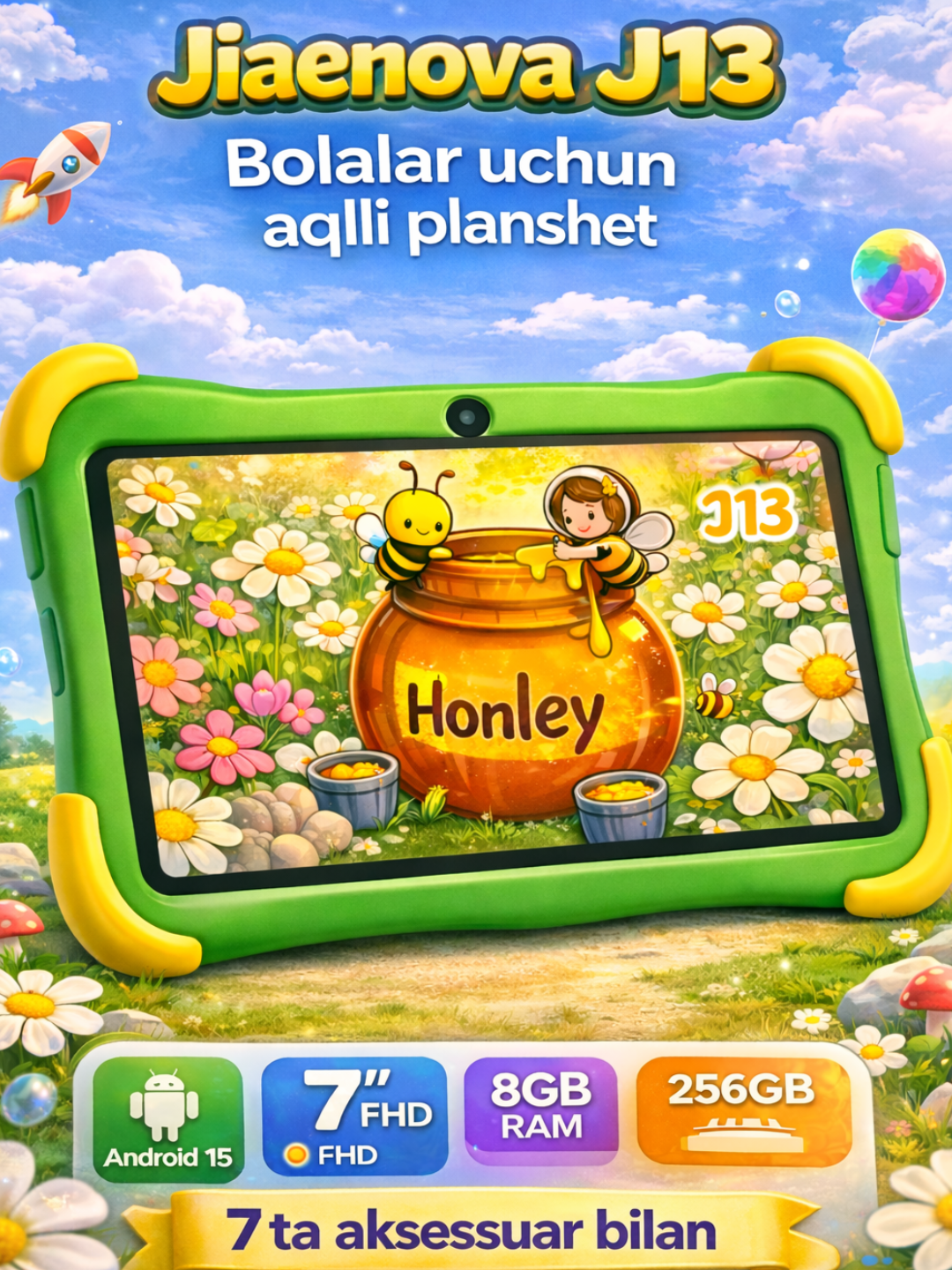Детский планшет Jiaenova J13 – 7" FHD экран, 8GB RAM, 256GB память, Android 15, WiFi, комплект с 7 аксессуарами