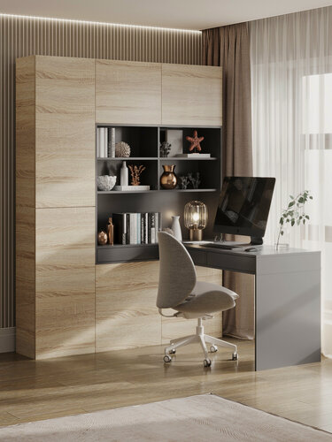 Изображение товара Стол компьютерный со стеллажом и ящиками Click, сонома/графит, 170х155х214 см