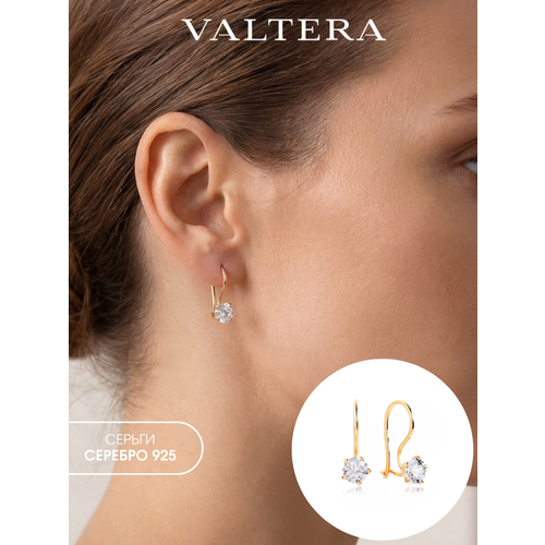 фото Серьги valtera, серебро, 925 проба, золочение, фианит, размер 15 мм, длина 1.5 см, , бесцветный, золотистый