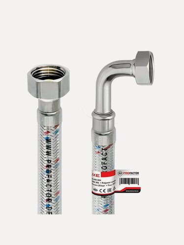 Изображение товара Подводка для воды ProFactor 1/2"х1 м, угловая, г-г, нержавеющая сталь и полимер, для смесителя и унитаза, 25 атм