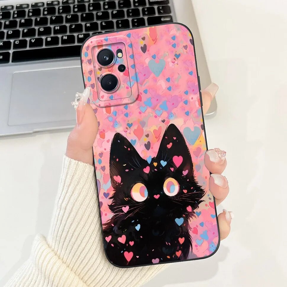 Чехол для Realme 9i с черным котиком и сердечками