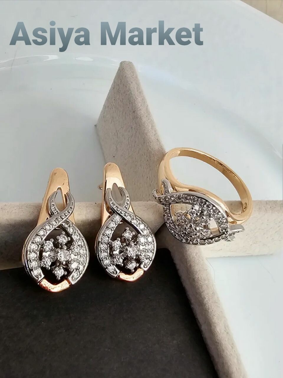 Комплект бижутерии: серьги, кольцо, фарфор, размер кольца 19, серебряный — фото 1