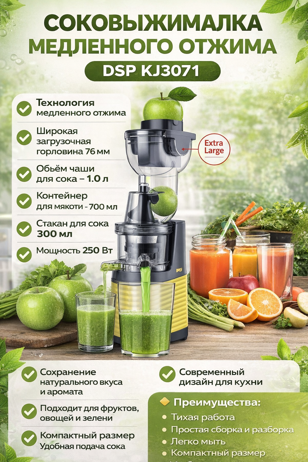 Соковыжималка DSP KJ3071, мощность 250 Вт, 1 л для сока, 700 мл для мякоти