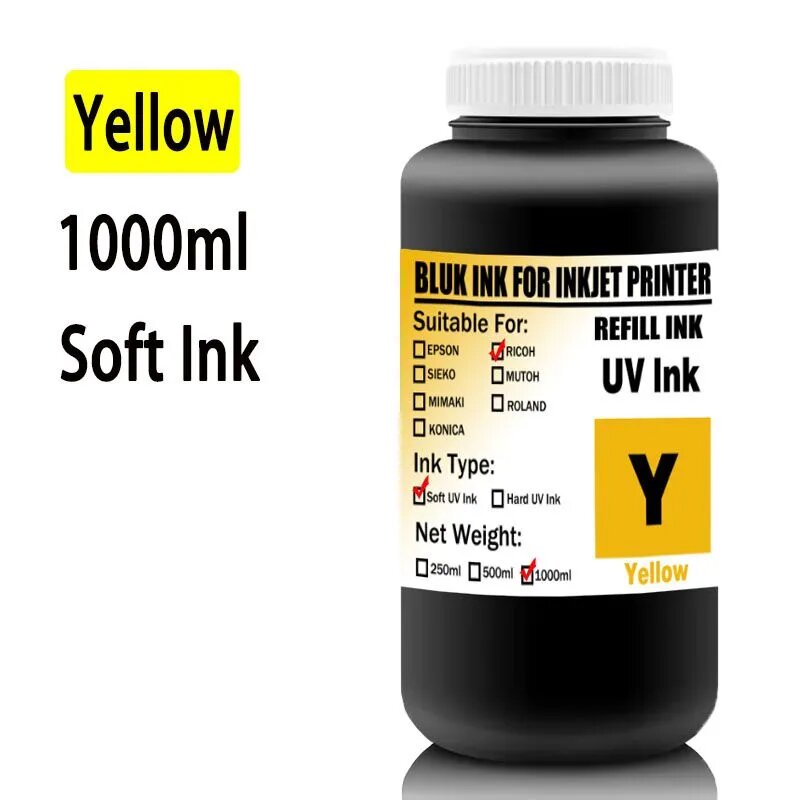 Чернила Мягкий чернила . Чернила УФ для UV , 1000 ml , принтера Ricoh Gen3 Gen4 Gen4L Gen5 Gen6 G3 G4 G5 G5i G6 , совместимый, совместимый, Желтый (yellow), 1 шт