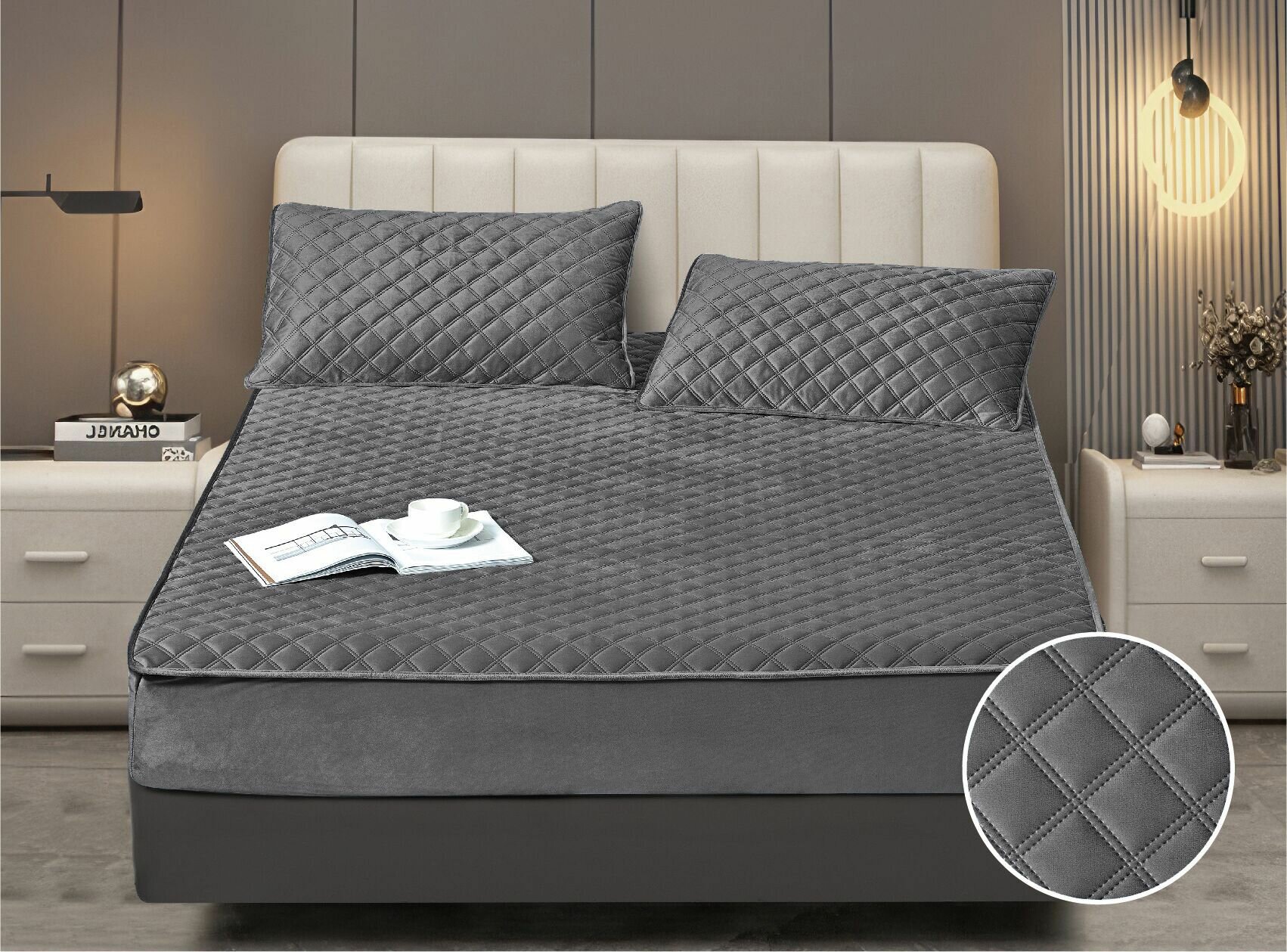 Покрывало с наволочками 50х70 велюровое на резинке, чехол на кровать Вальтери 180х200х30см , полиэстер