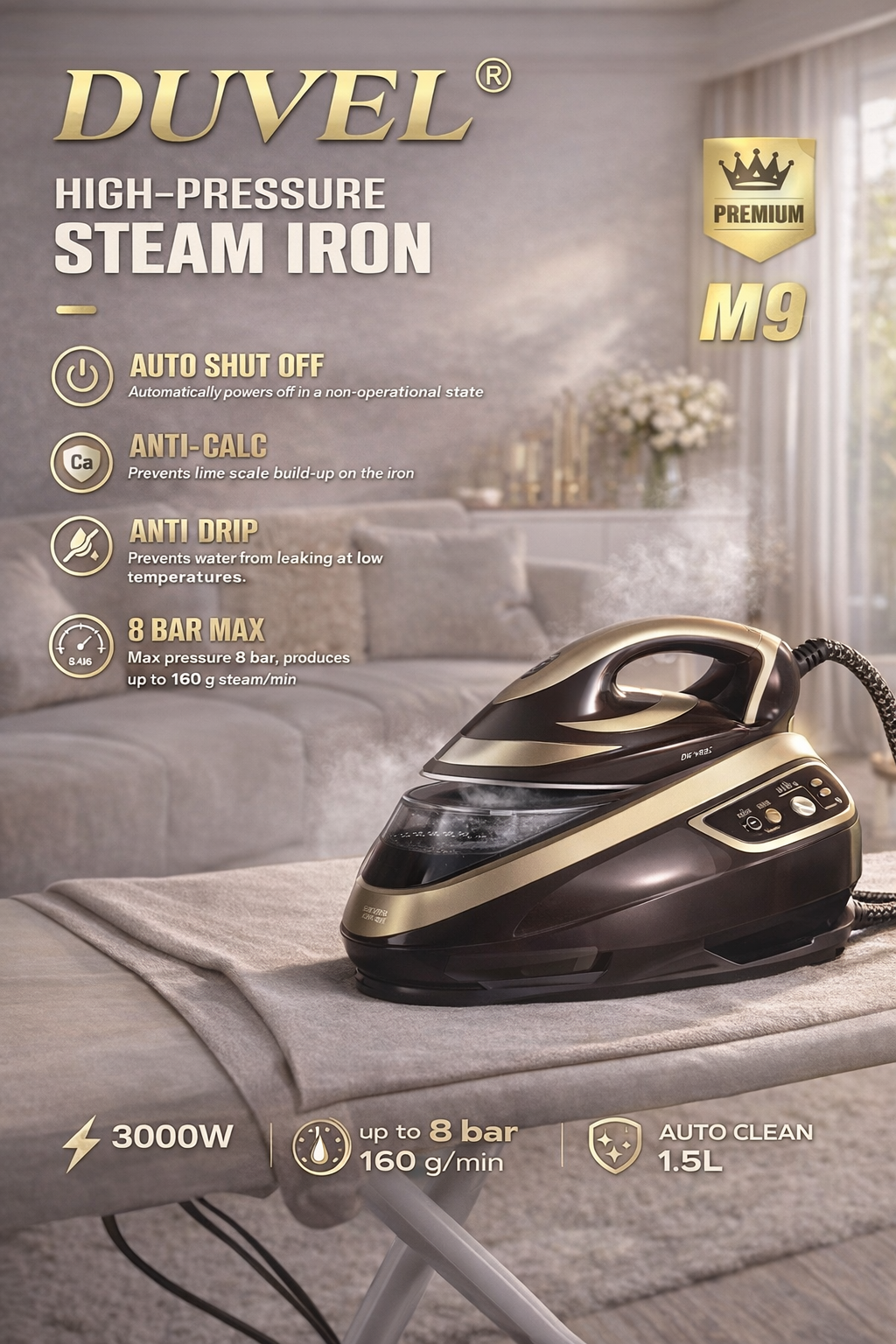 Мощный паровой утюг Duvel M9, 3000 Вт Утюг с парогенератором