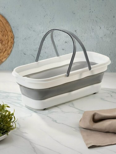 Изображение товара Складное пластиковое ведро 12.5 л, овальное, серое, для уборки дома, хозяйственное, с ручкой, компактное, Y4-8599