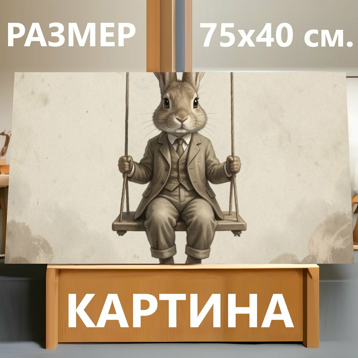 Картина на холсте "Кролик в деловом костюме на качелях. Милый антропоморфный заяц в элегантном костюме сидит на подвесном сиденье, винтажная." на подрамнике 75х40 см. для интерьера