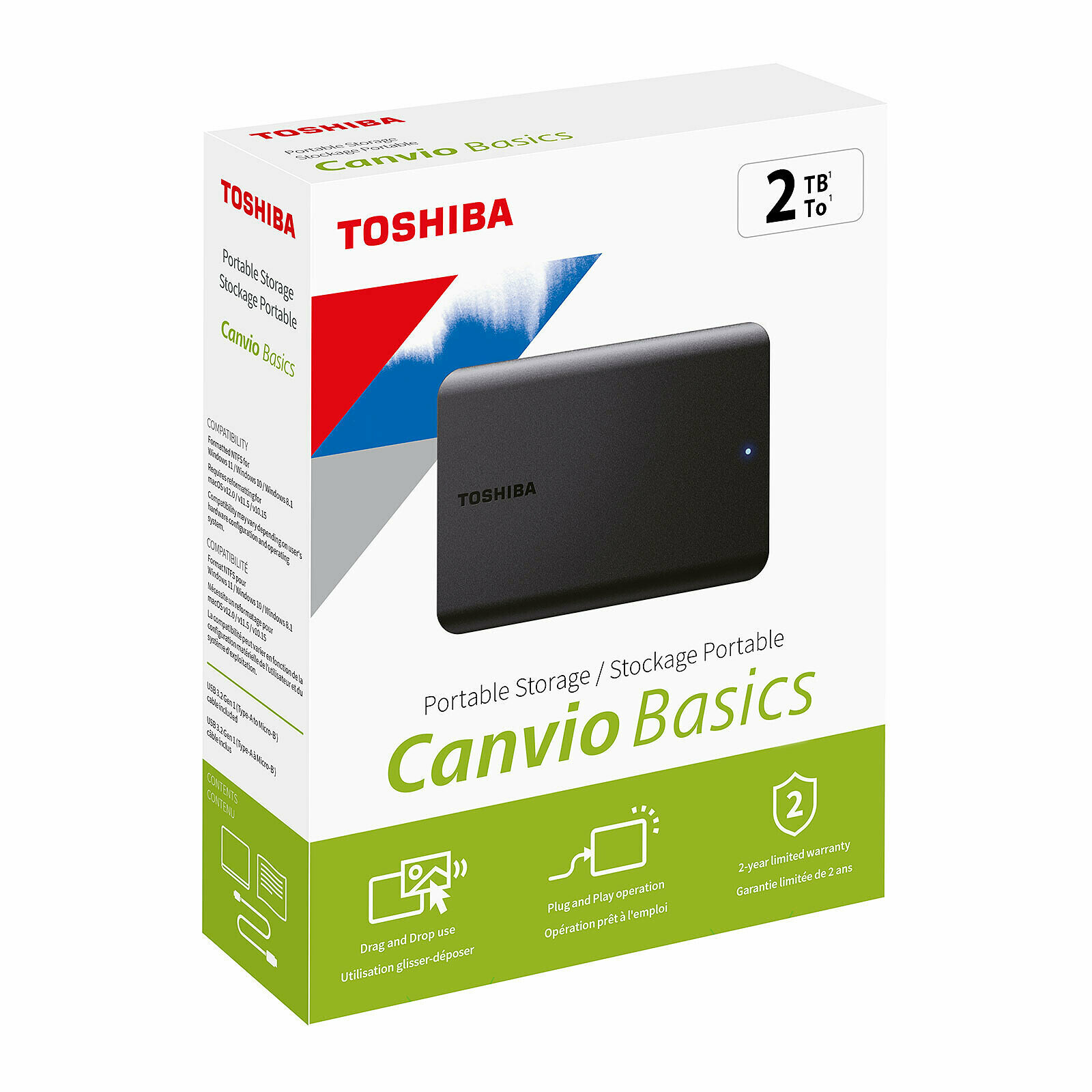 Внешний жесткий диск Toshiba Canvio Basics DTB510 2TB USB 3.2 Gen1, портативный HDD 2.5", черный