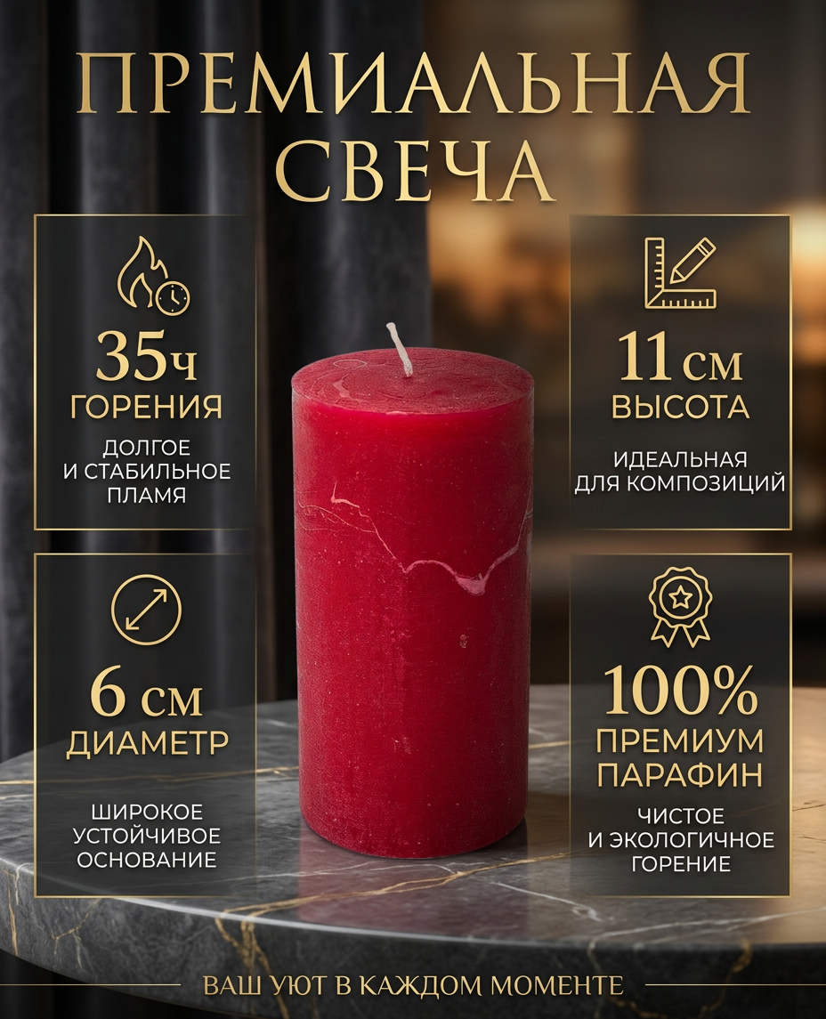 Свеча-столбик Рустик Candle Art, красный цвет, парафин, 11см — фото 1