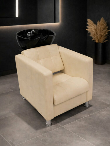 Изображение товара Парикмахерская мойка с креслом Квадрат, глубокая раковина черного цвета, Уютный мастер, кремовый