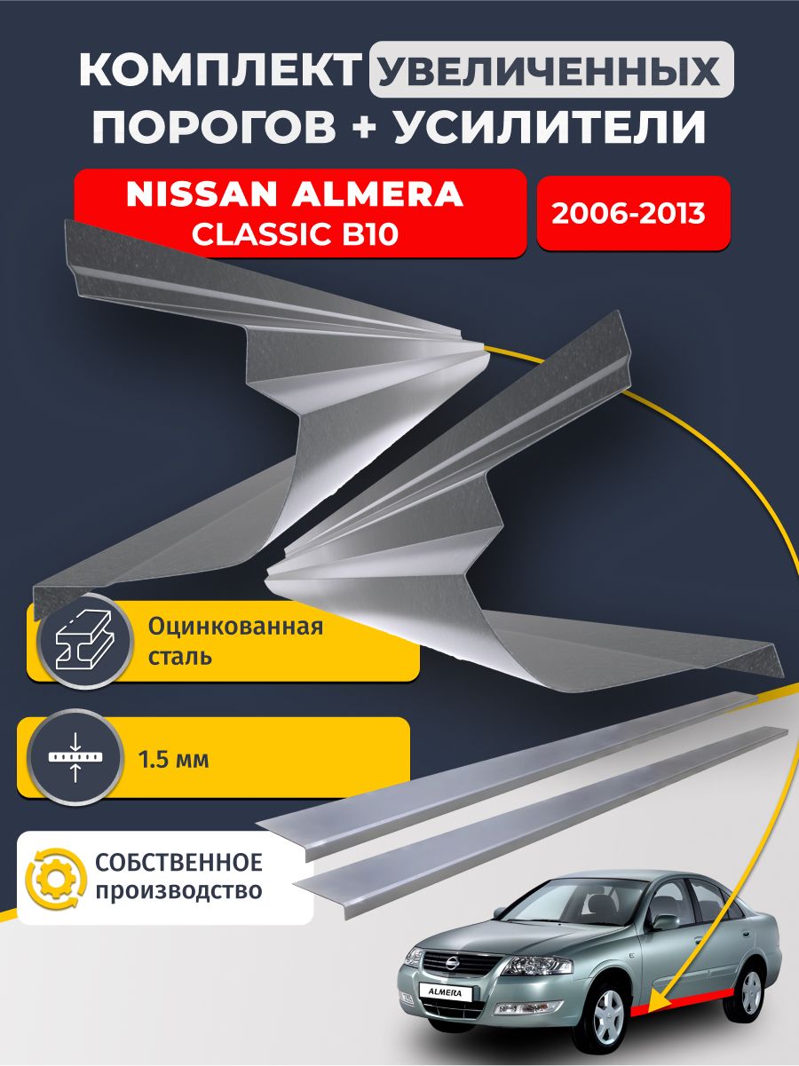 Комплект увеличенных ремонтных порогов и усилители, на Nissan Almera Classic B10 2006-2013 (полный профиль Альмера Классик Б10). Оцинкованная сталь 1.5 мм.