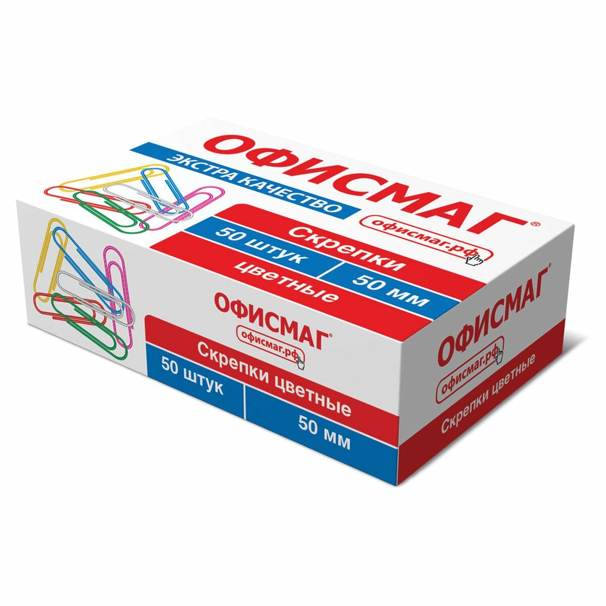 Скрепки Офисмаг Экстра (50мм, металлические, цветные) 50шт. (271318), 10 уп.